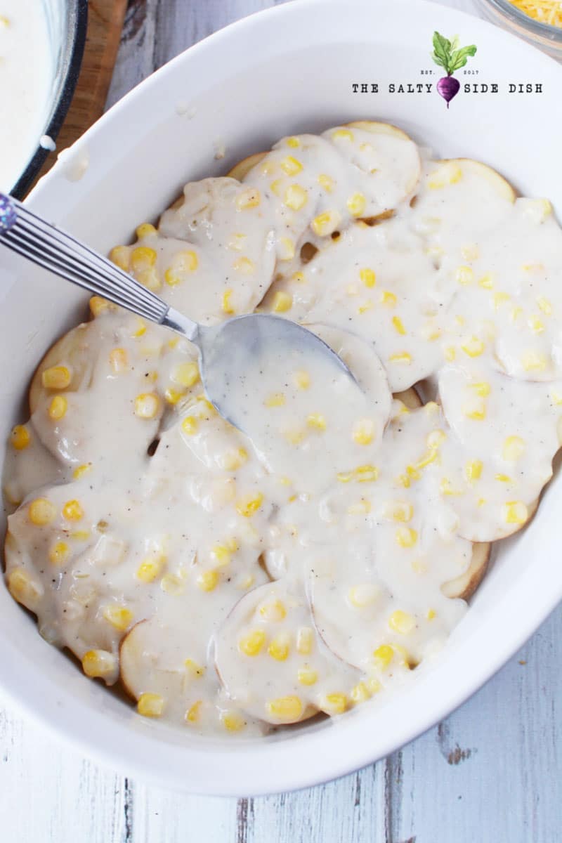add corn and ham on top of your potatoes