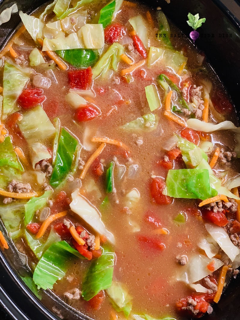 beef and cabbage soup in a crock pot to warm up