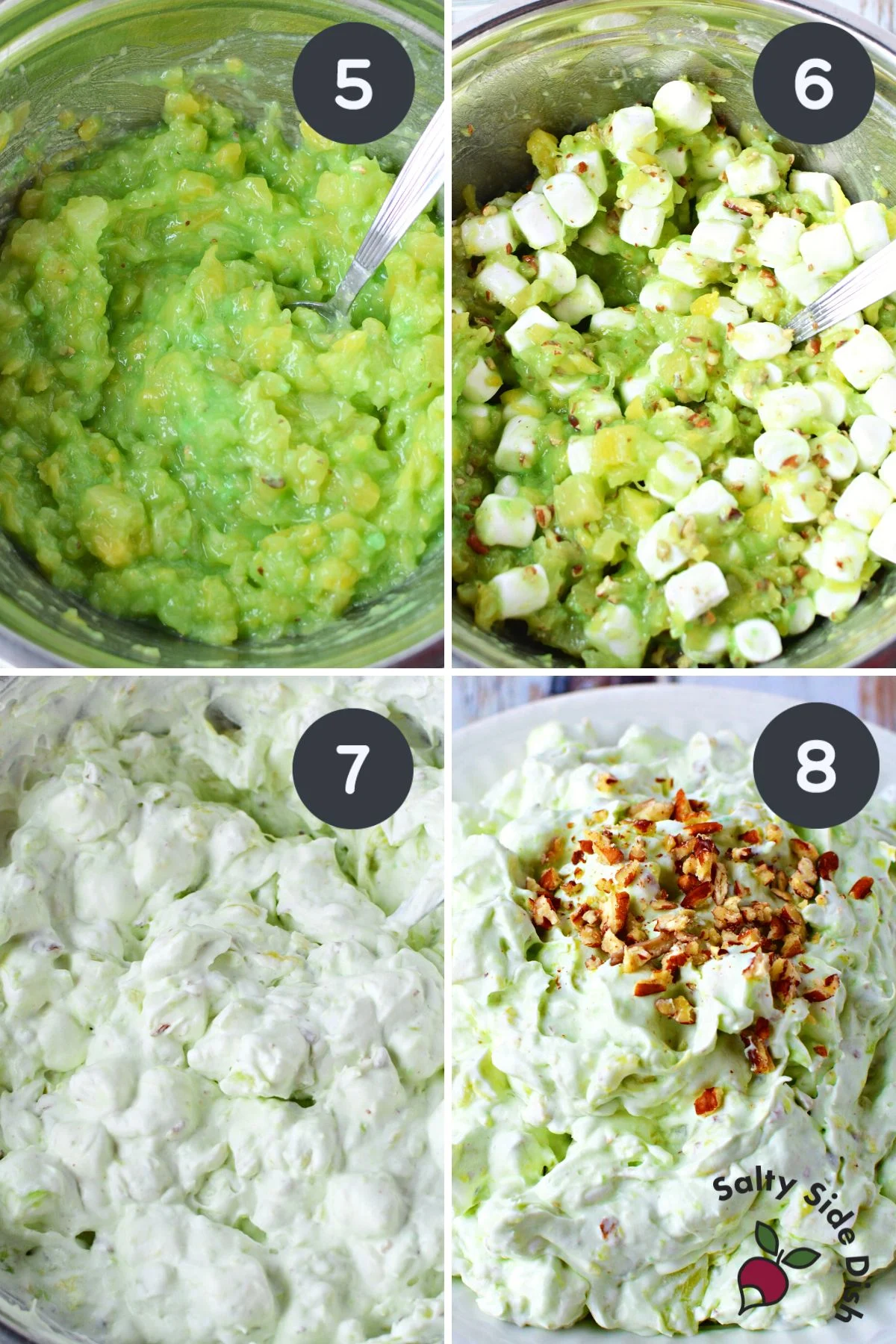 mixing all marshmallows and cool whip for watergate salad recipe.