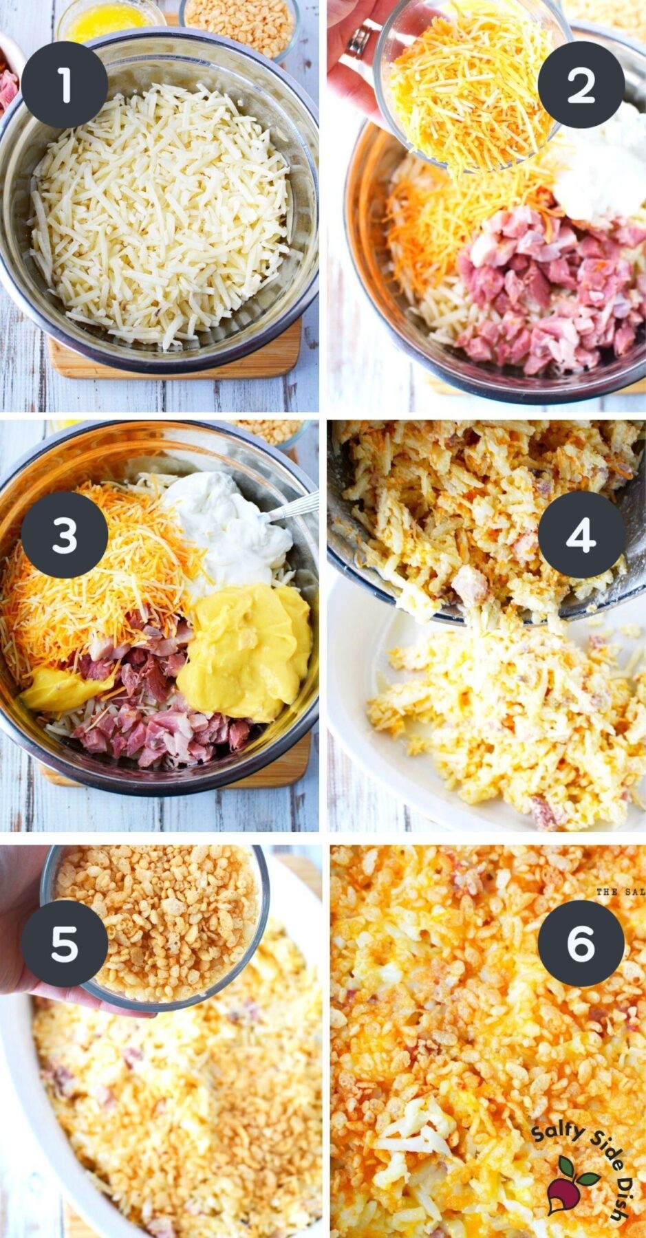 collage of 6 images of ham casserole being prepped