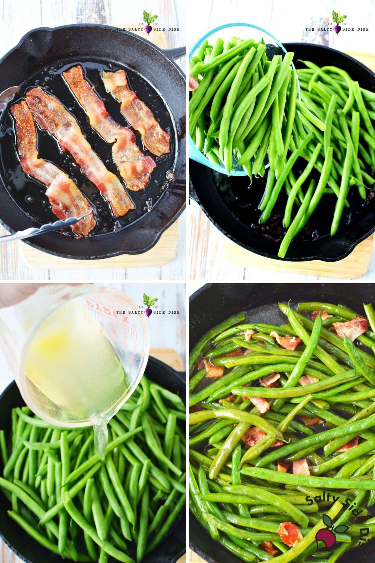 making bacon and adding sauteed green beans