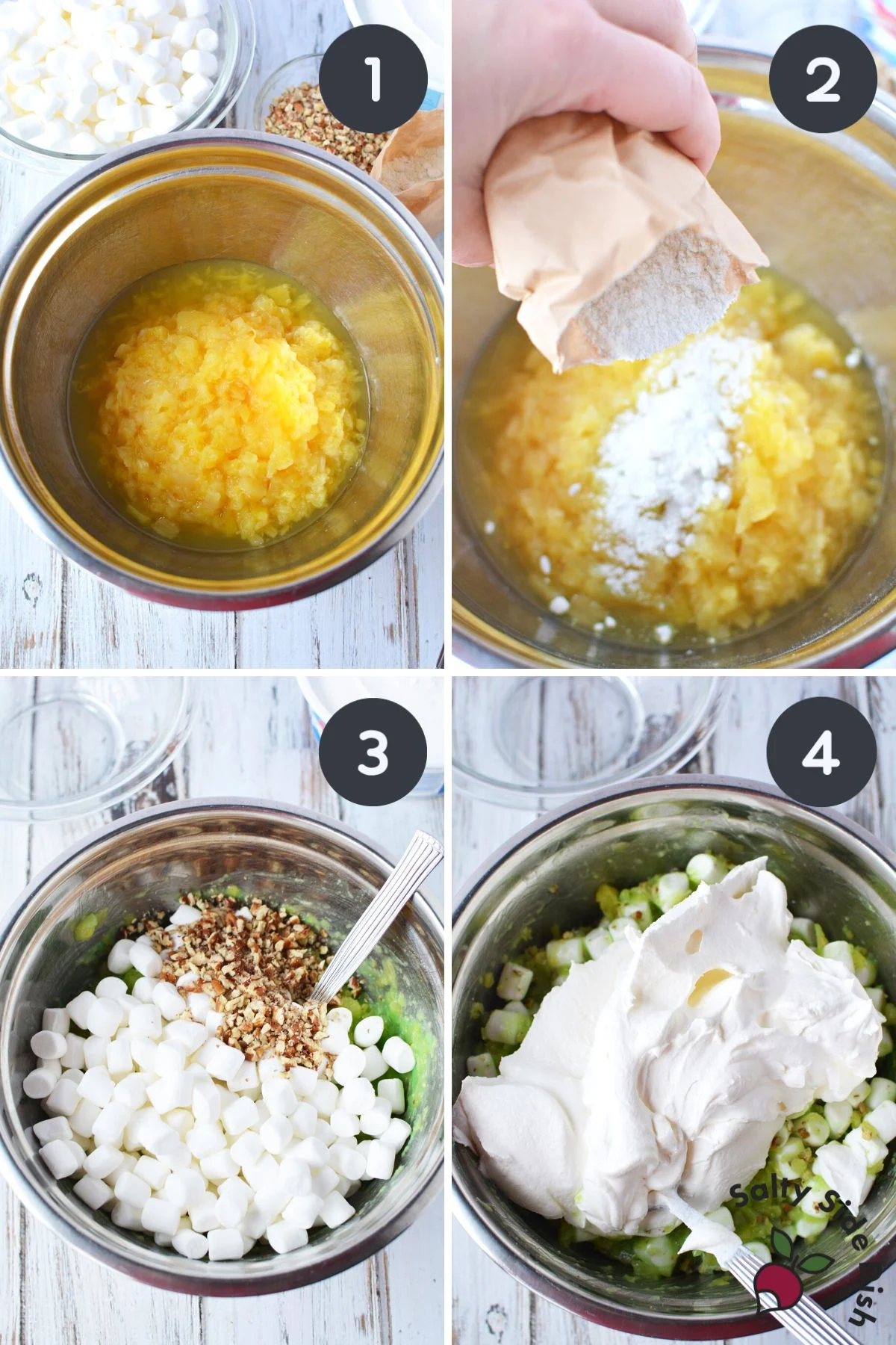 watergate salad being created with all ingredients.