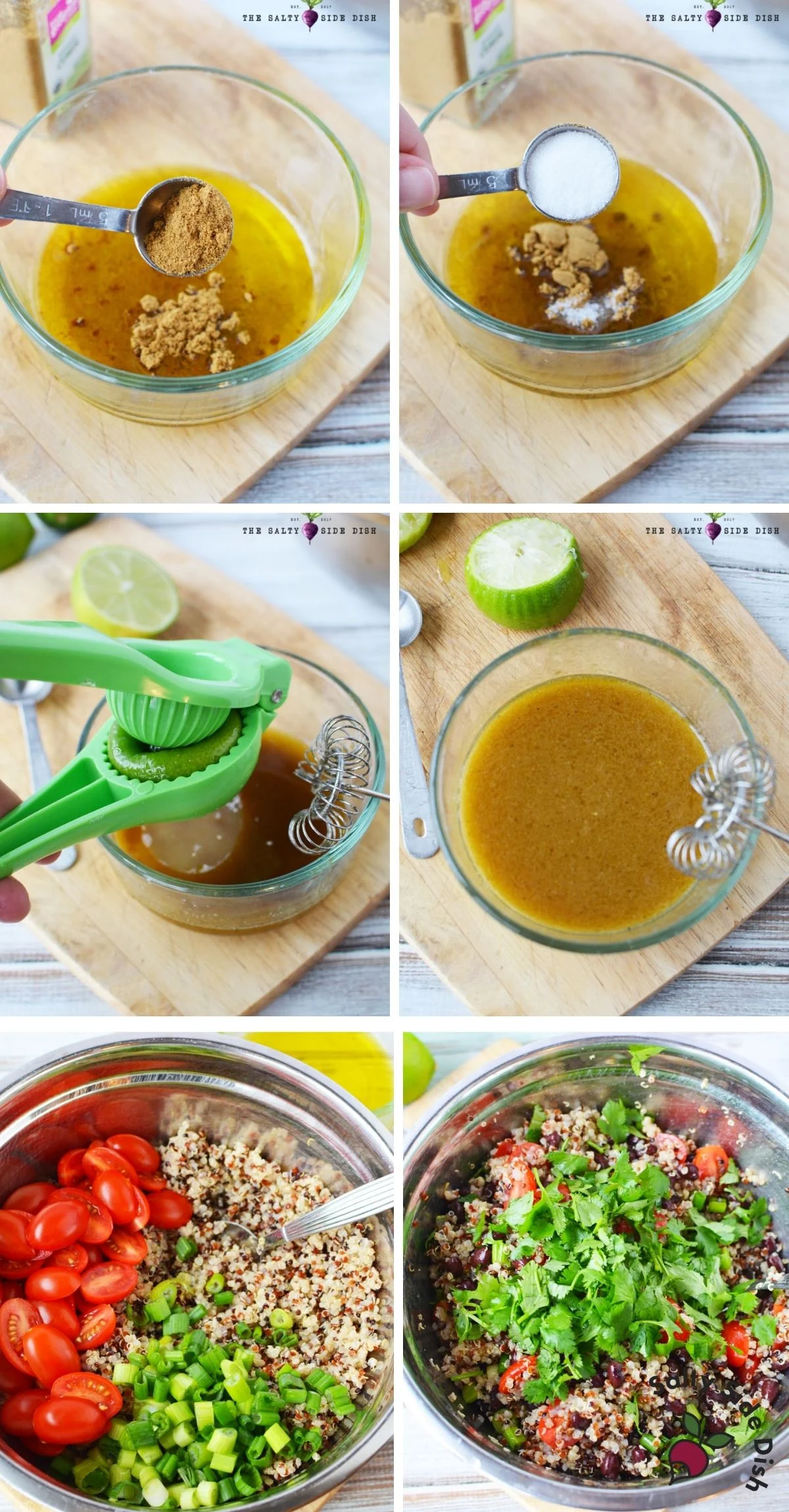 making dressing in a bowl and adding to quinoa salad ingredients