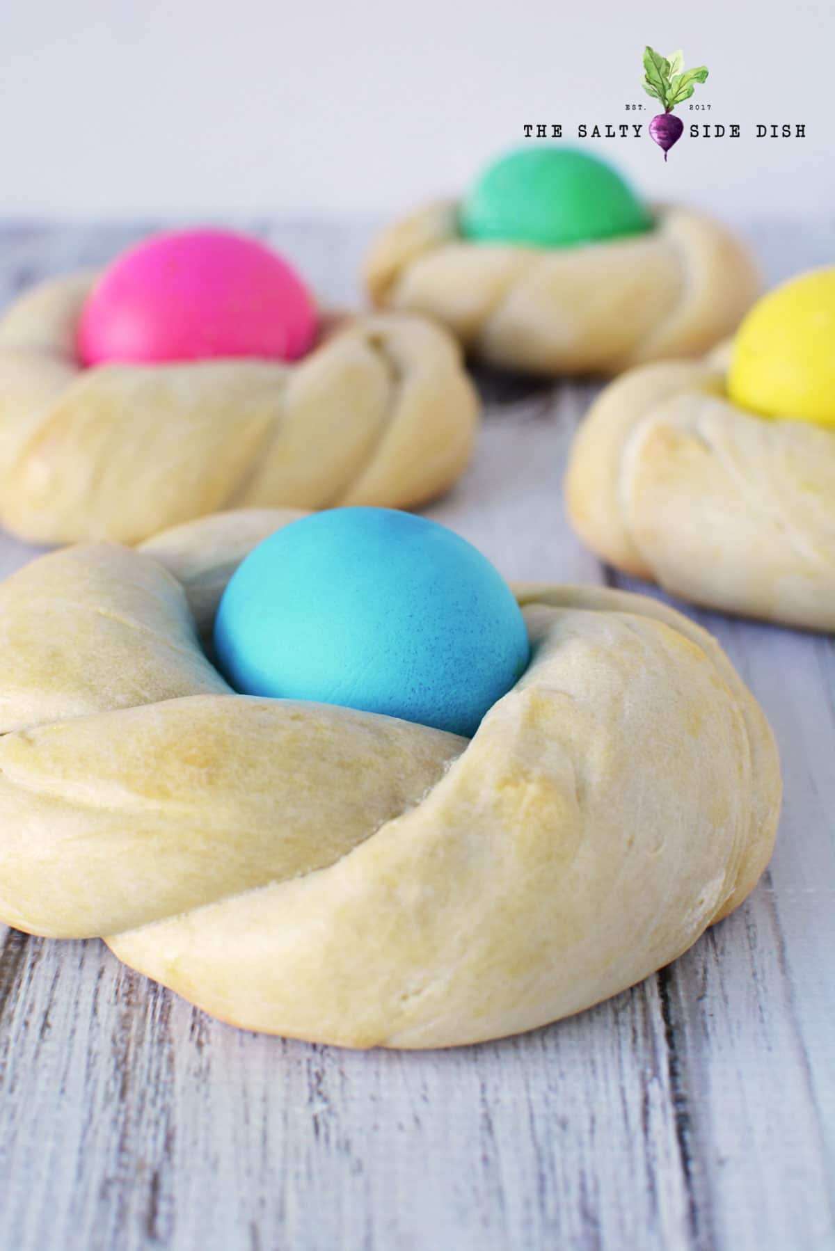 Individual Easter Bread nests with eggs inside
