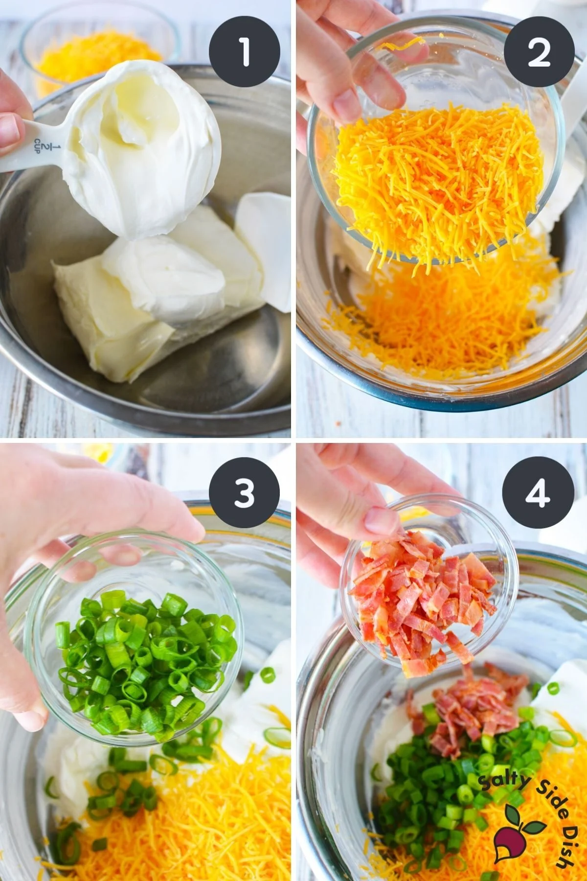 adding million dollar Neiman Marcus dip ingredients into a bowl.