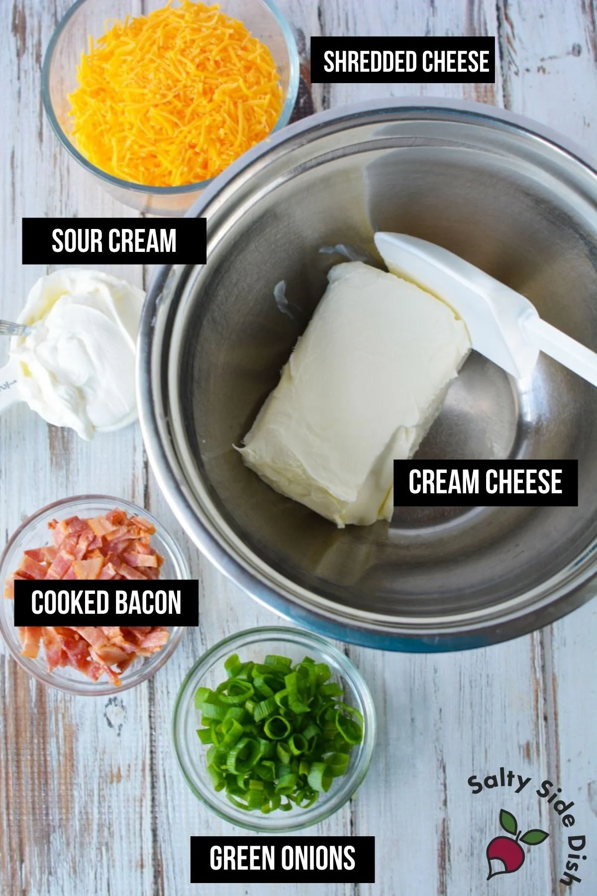 image containing all ingredients for neiman marcus dip labeled.