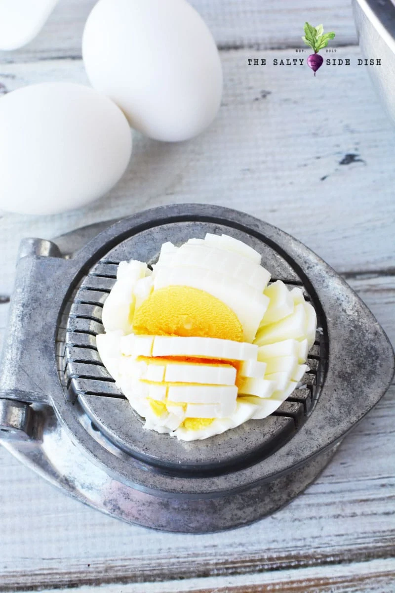 dice your egg for your macaroni pasta salad recipe