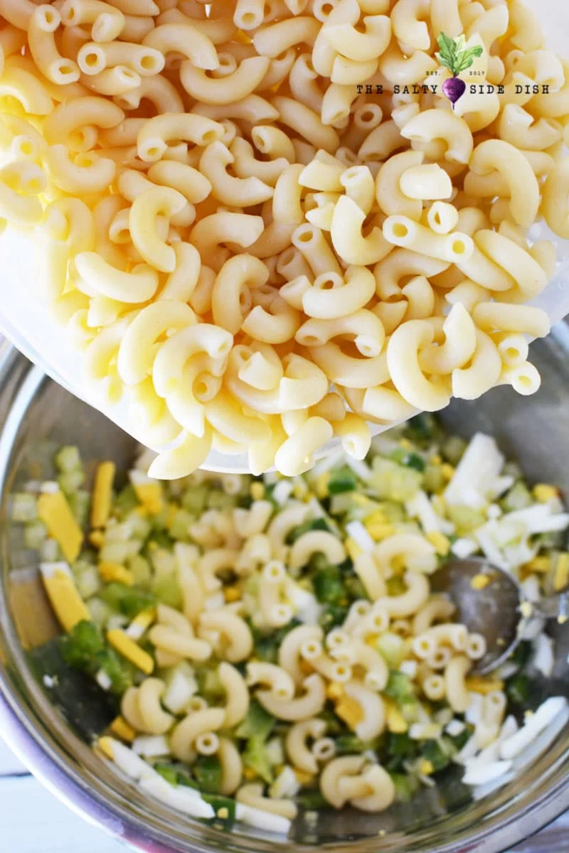 macaroni salad with bits of crunchy diced veggies