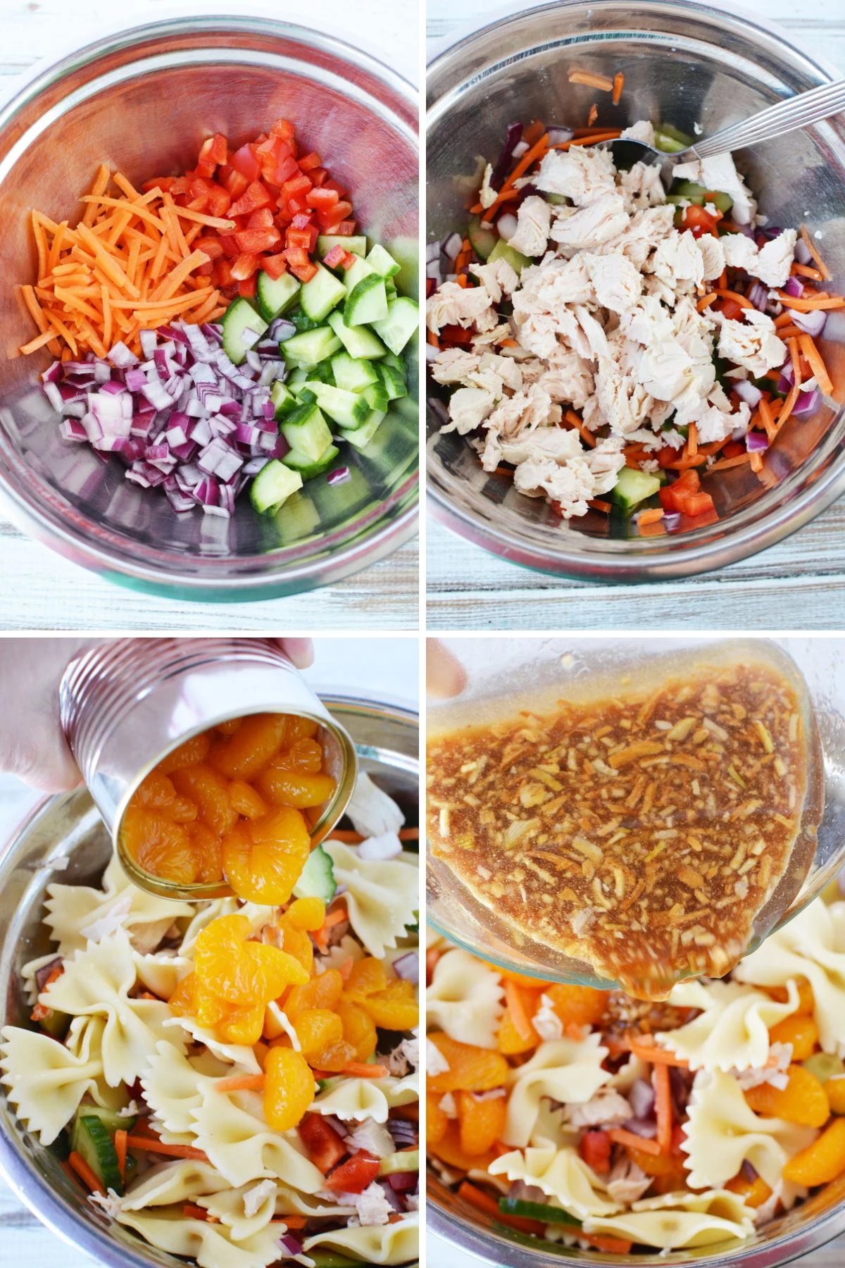 four steps on mixing asian pasta salad.