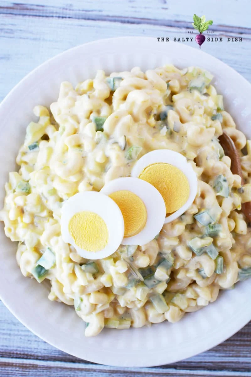 classic macaroni salad with boiled eggs