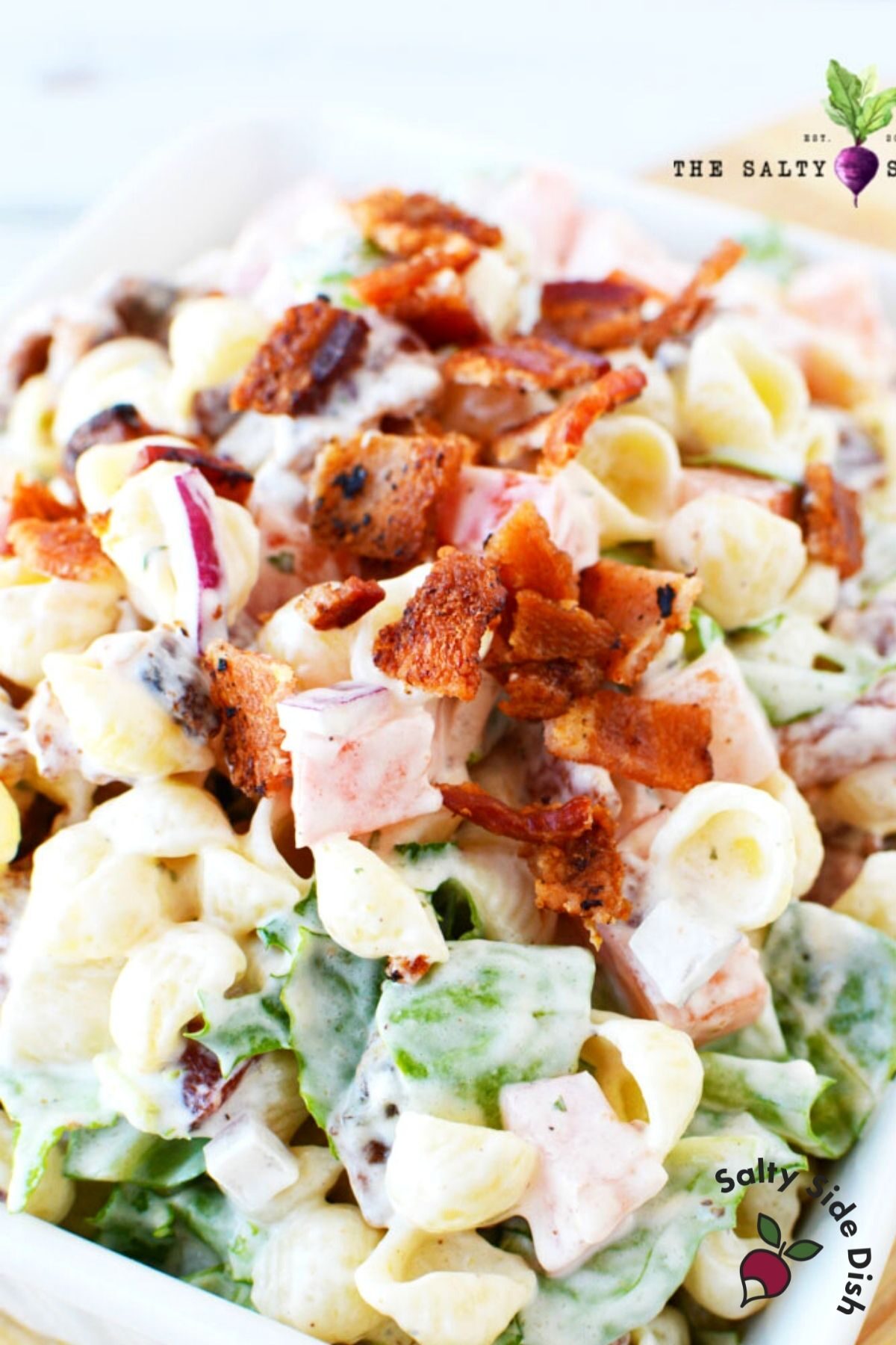 close up of pasta salad recipe on a plate.