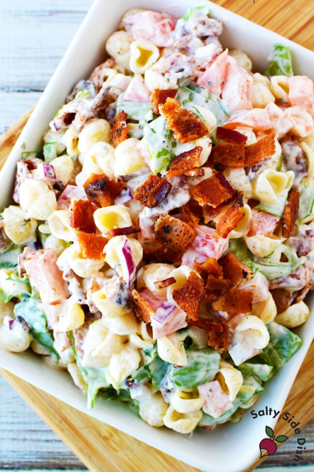 blt pasta recipe with white plate.
