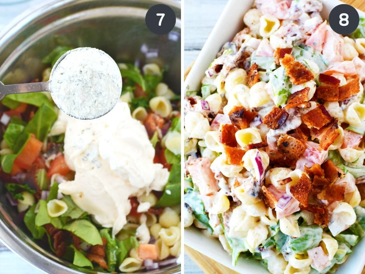 2 images side by side, one showing ranch powder being added into salad bowl and the next, completed recipe.