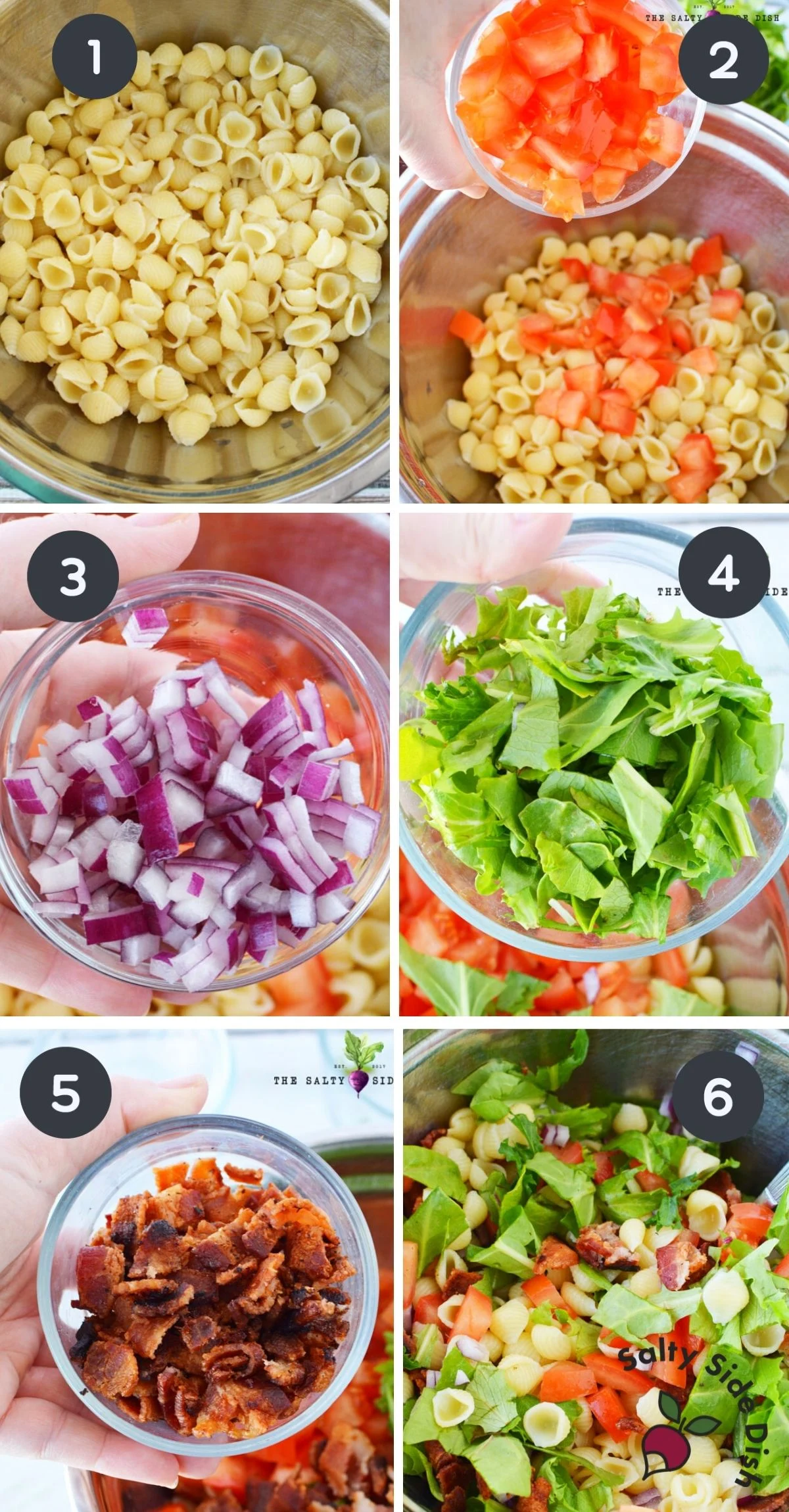 6 image collage that shows progression of ingredients being added to a bowl for blt salad.
