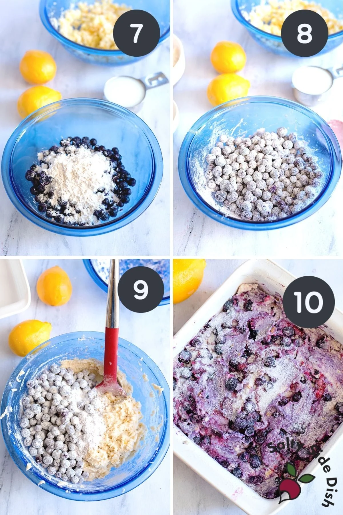 blueberries being added to breakfast cake batter.