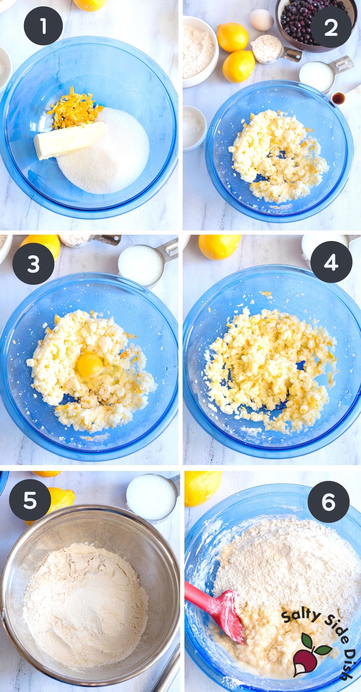 collage of 6 images showing step by step blueberry breakfast cake ingredients labeled.