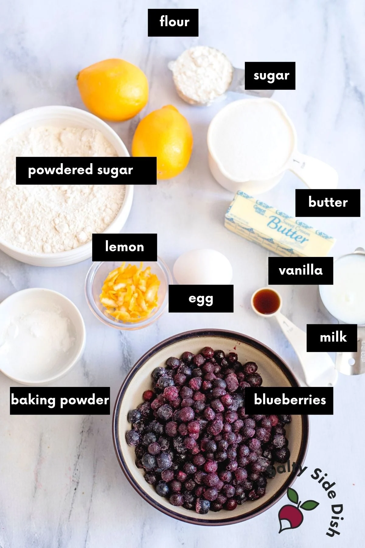 breakfast cake ingredients on a sheet labeled.