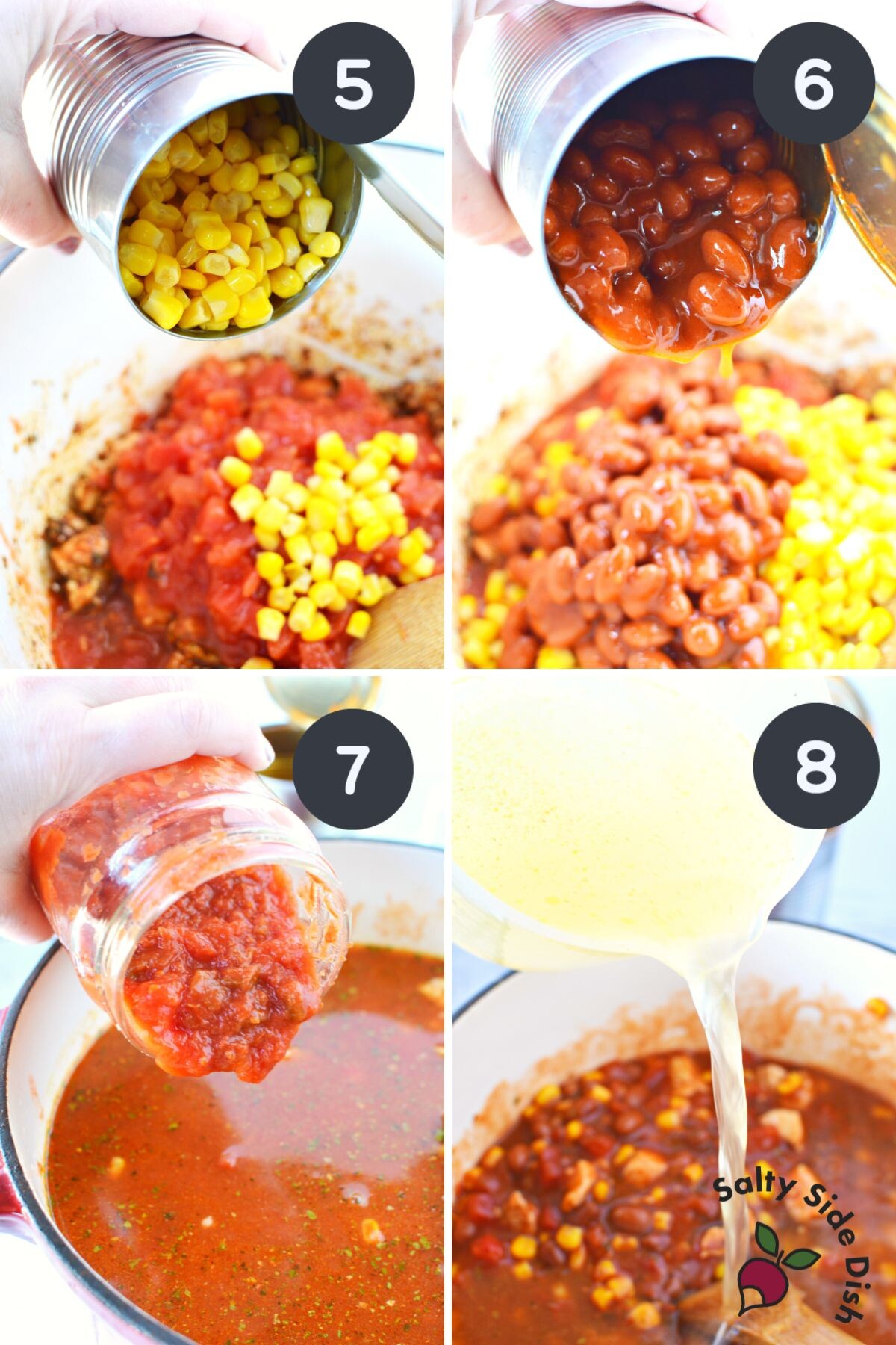 pouring corn, salsa, chili beans and broth into Mexican Inspired Chili too.