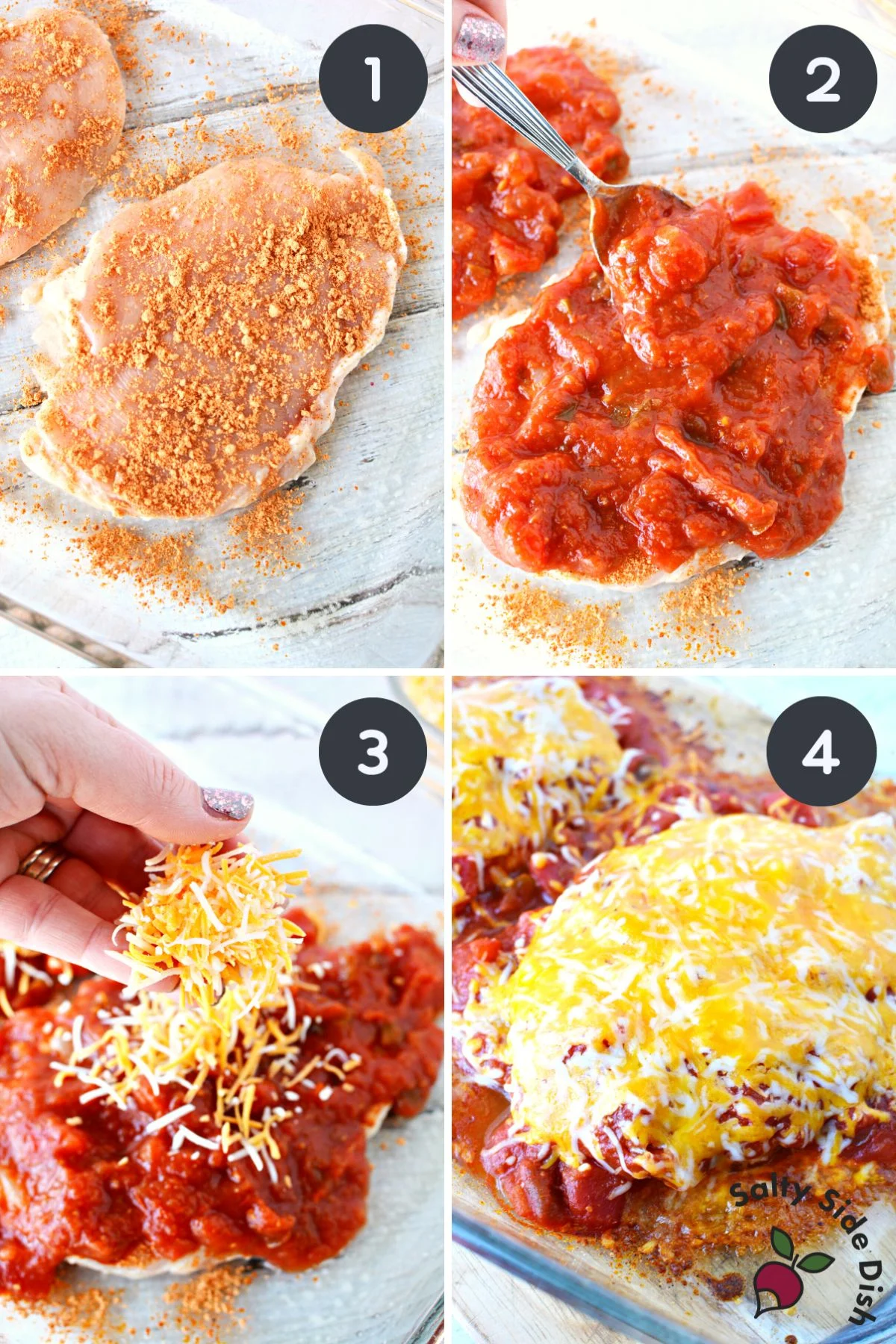 chicken, cheese, and salsa piled together for oven baking.