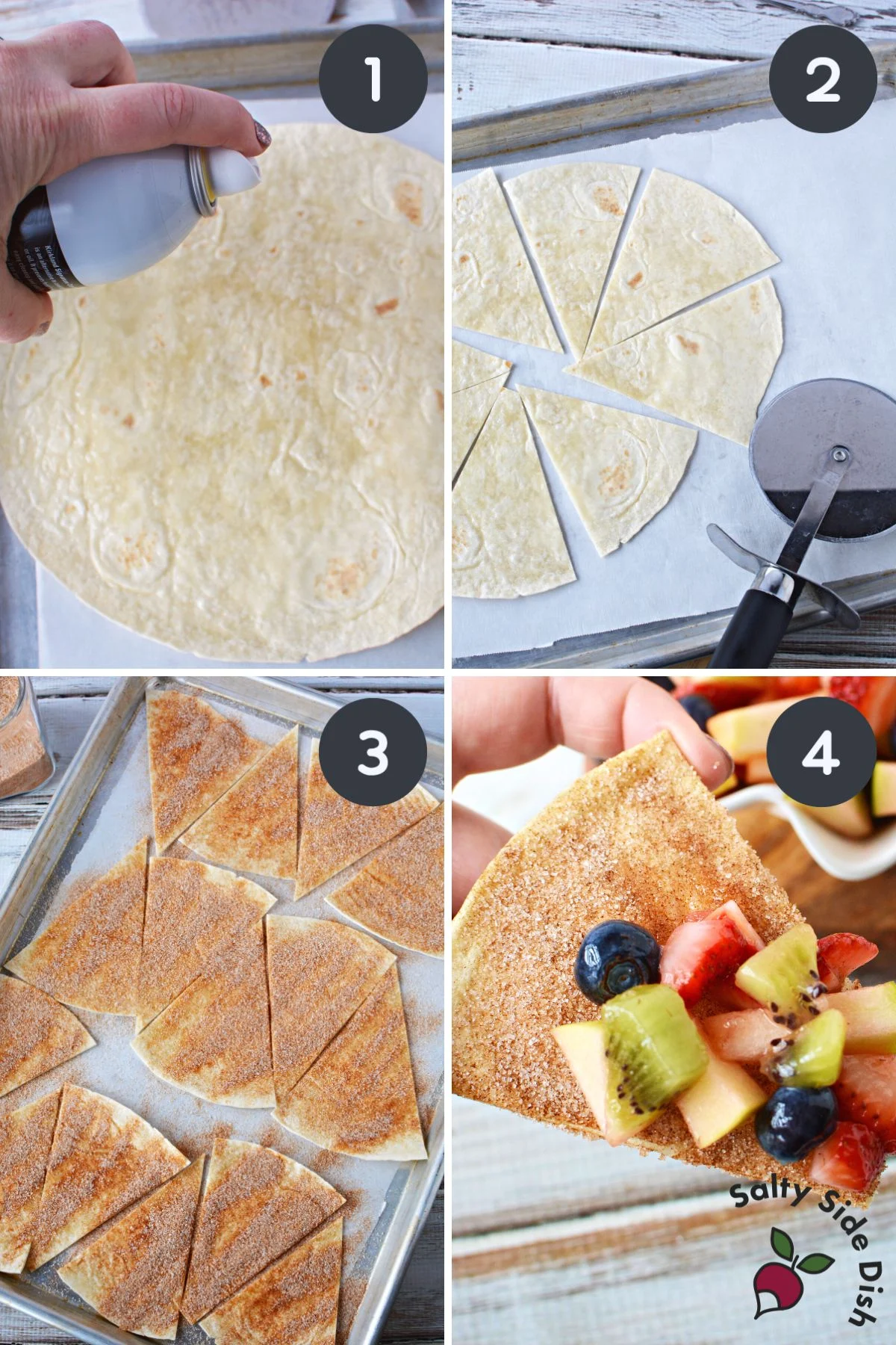 using flour tortillas to make cinnamon sugar chips.
