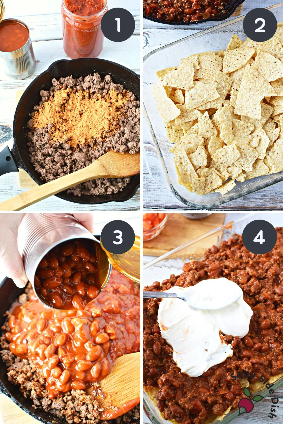 adding ingredients to beef nacho casserole.