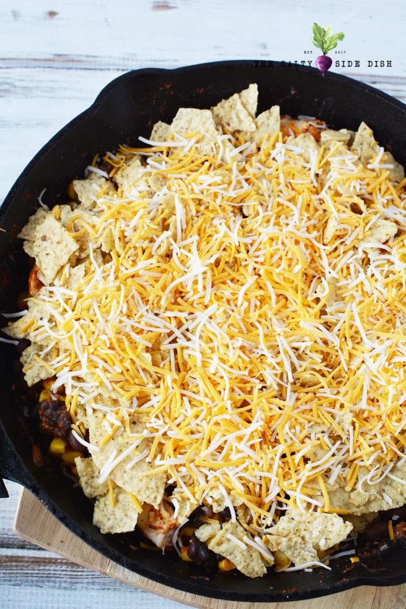 top your Mexican Chicken Casserole with chips for a great crunch
