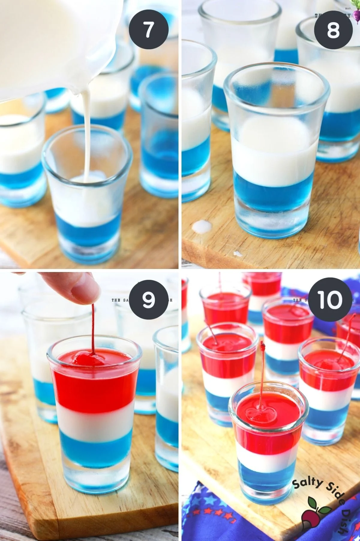 4 images of step by step how to pour layers into a jello shot.