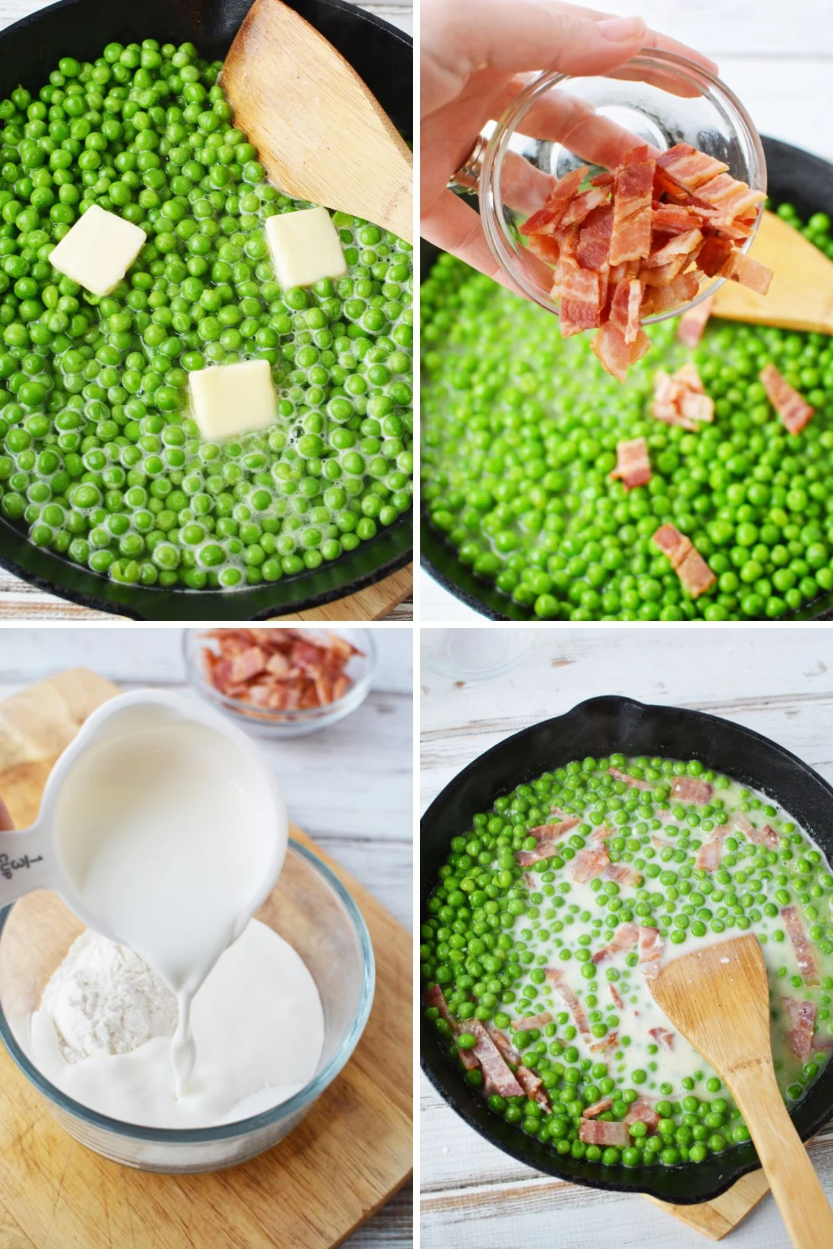 adding all ingredients to the cast iron pan with the peas.