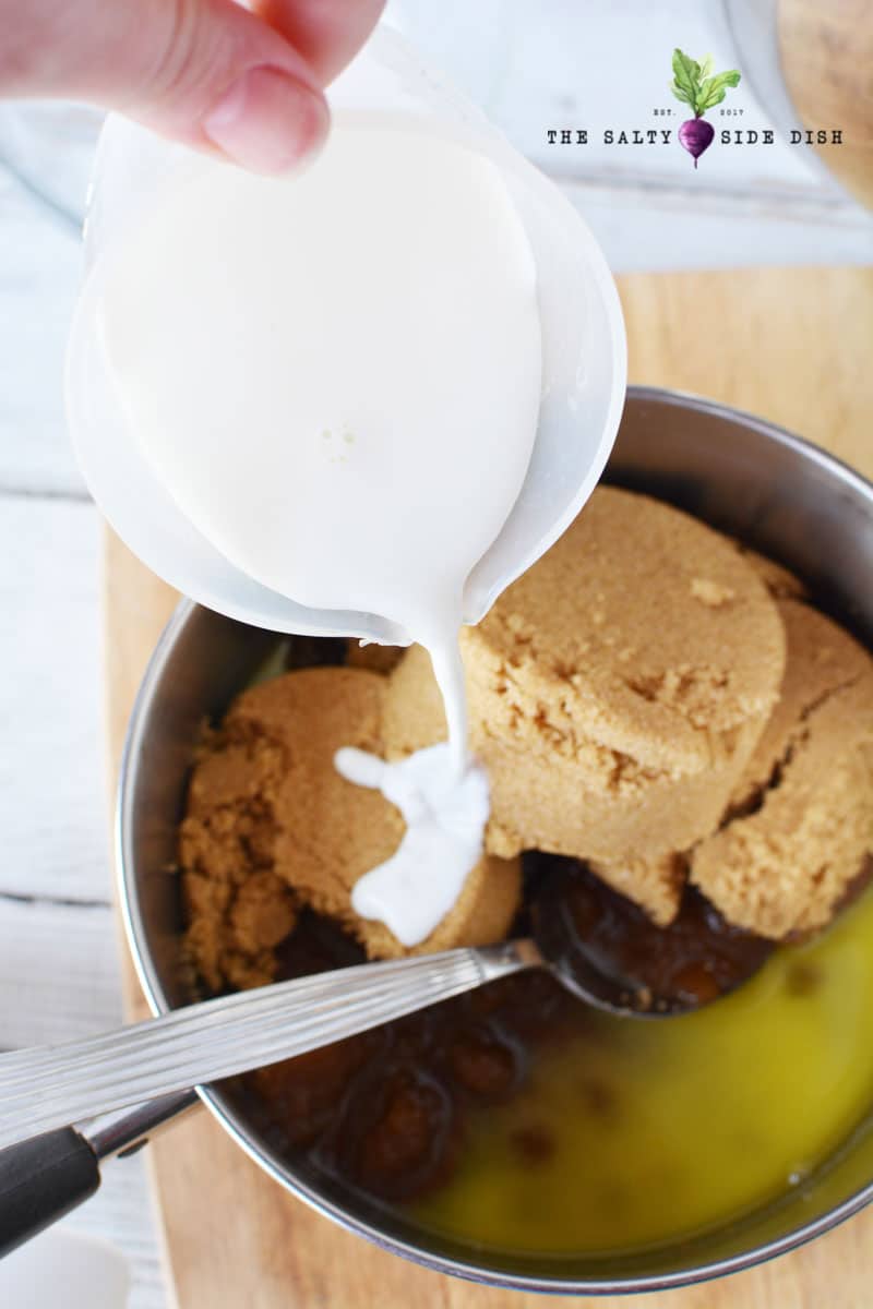 cream and sugar in a sauce pan with butter and brown sugar
