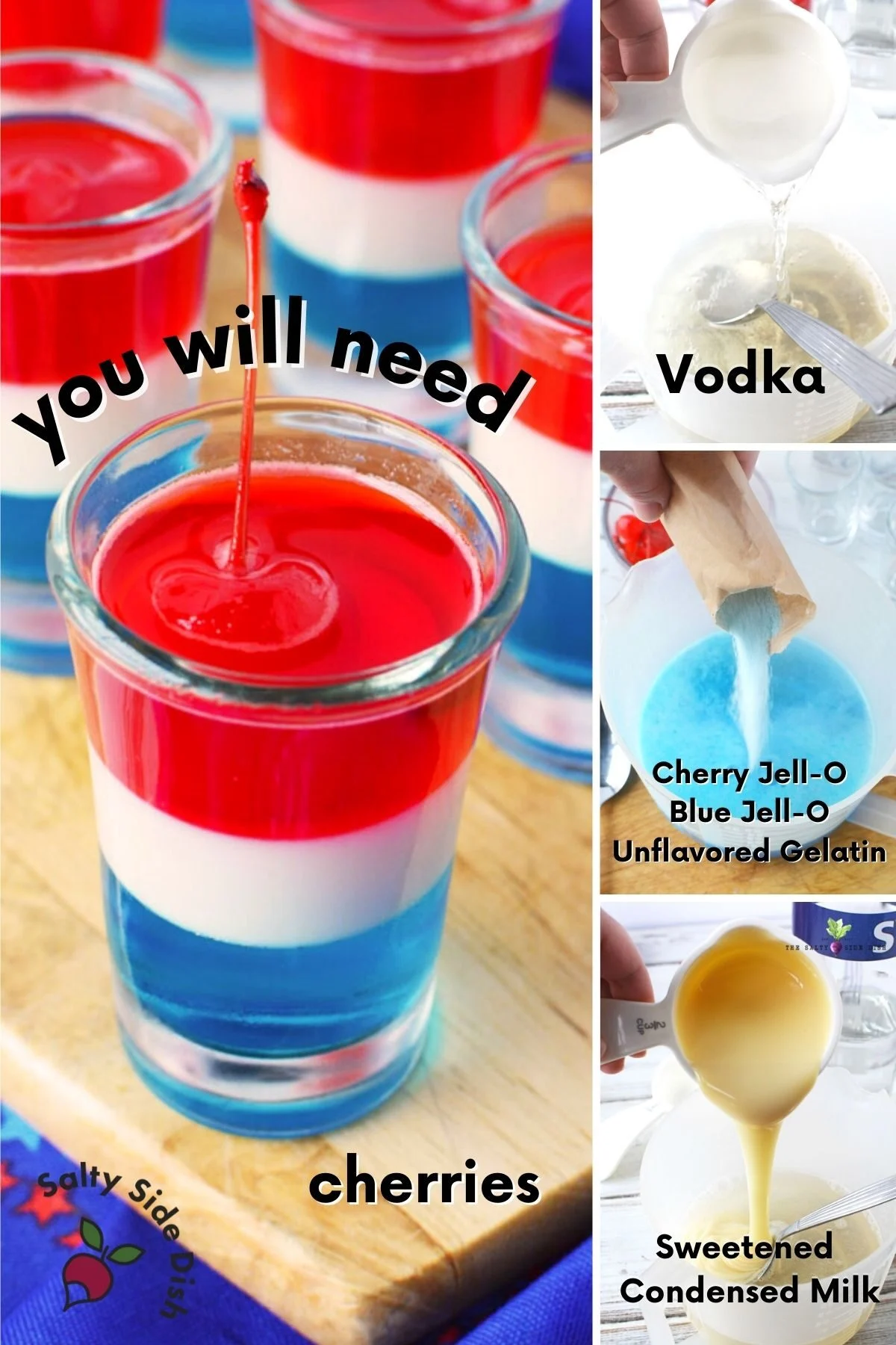 collage of layered jello shots with 4 ingredient images.