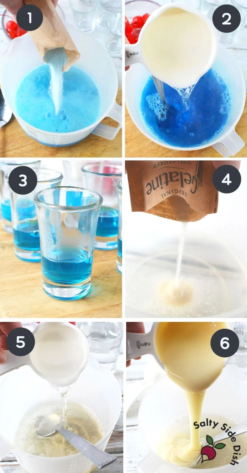 6 collage image of how to make easy jello shots showing step by step picture instructions.