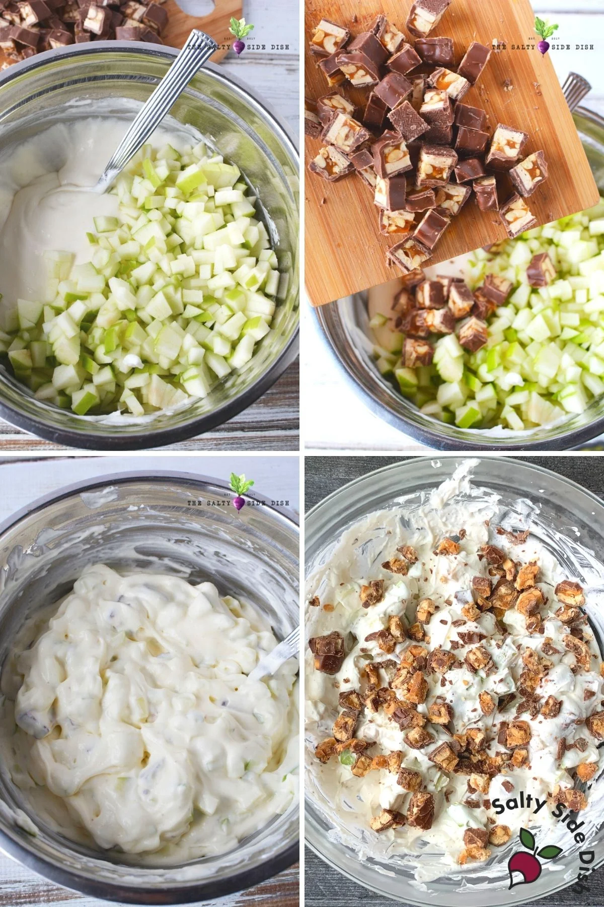 adding Snickers candy bar and apples to pudding