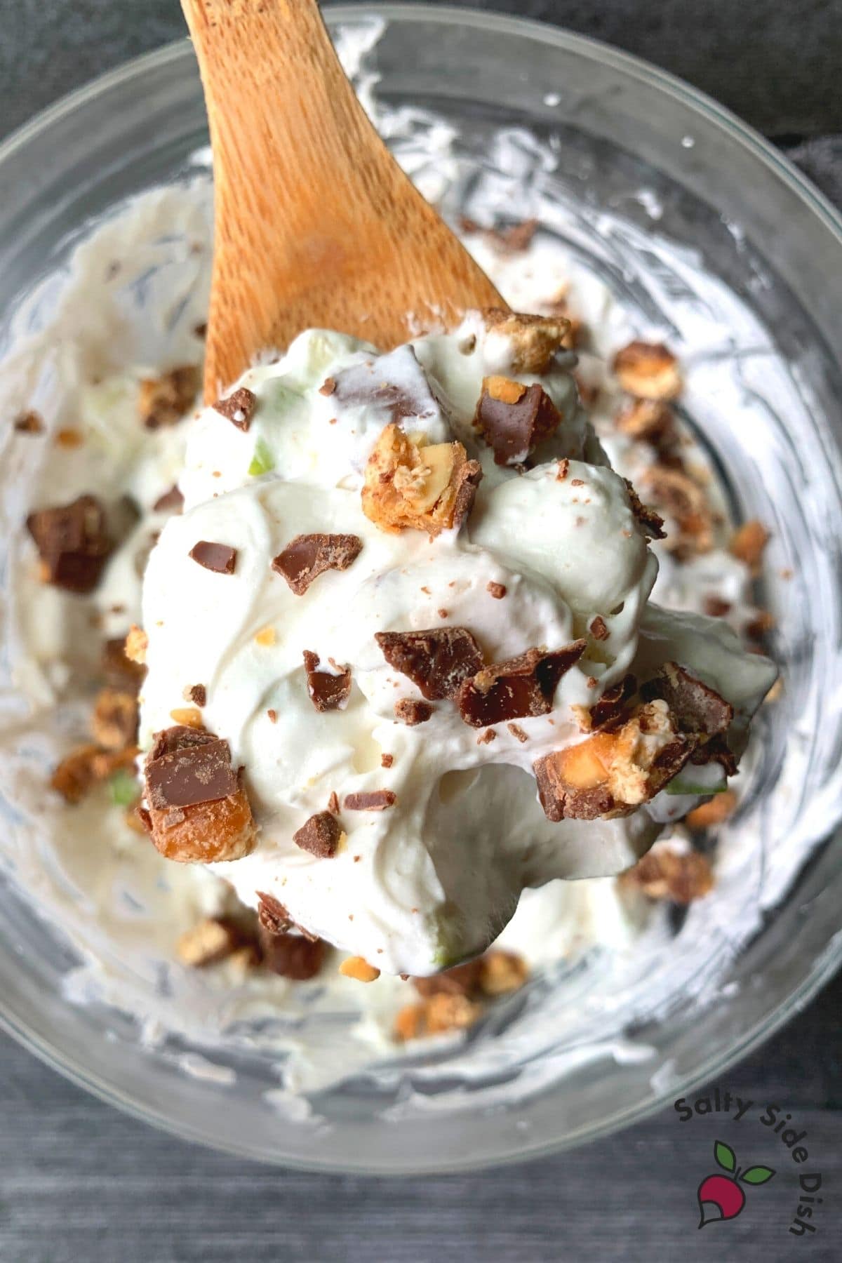 snickers salad on a spoon