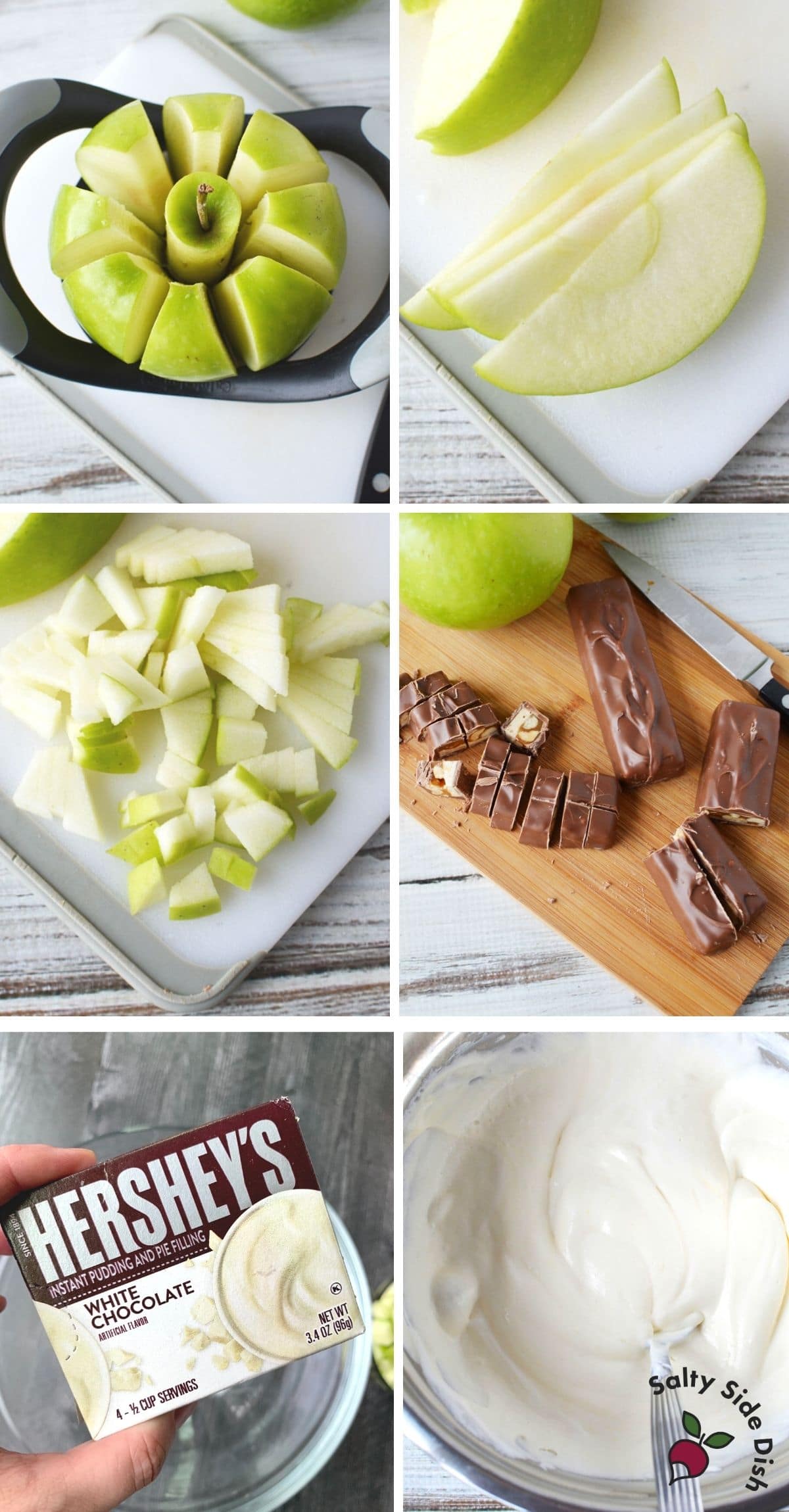 snickers salad with apple being cut up, candy bar being cut up and box of pudding being made
