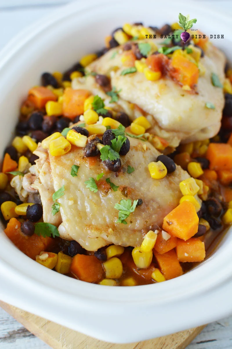 crockpot Mexican Chicken Thighs in slow cooker with salsa and veggies is a perfect no hassle main dish recipe