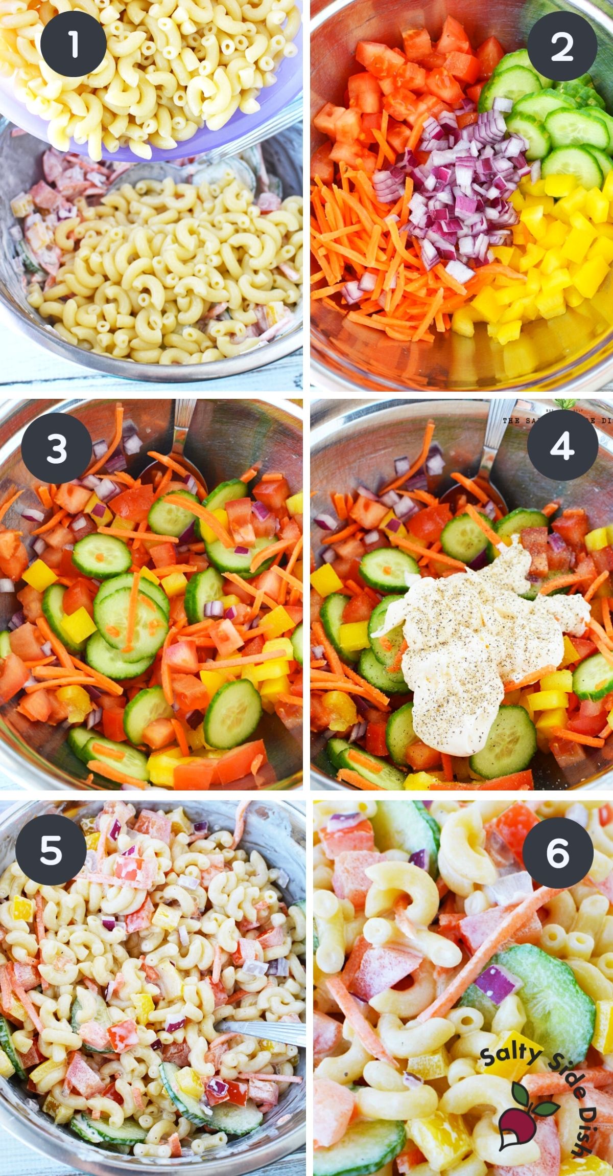 6 image collage of how to make cold vegetable macaroni pasta salad.