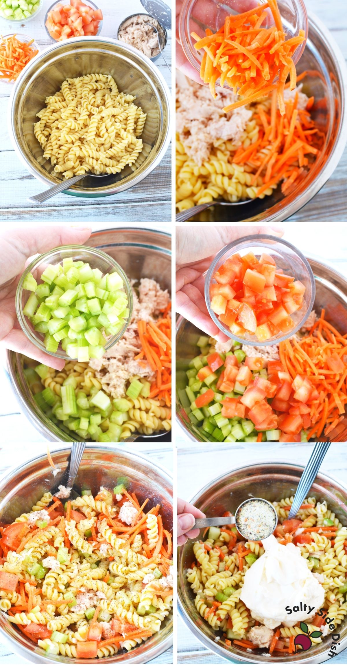 boiled rotini pasta with added vegetables and tuna in a bowl