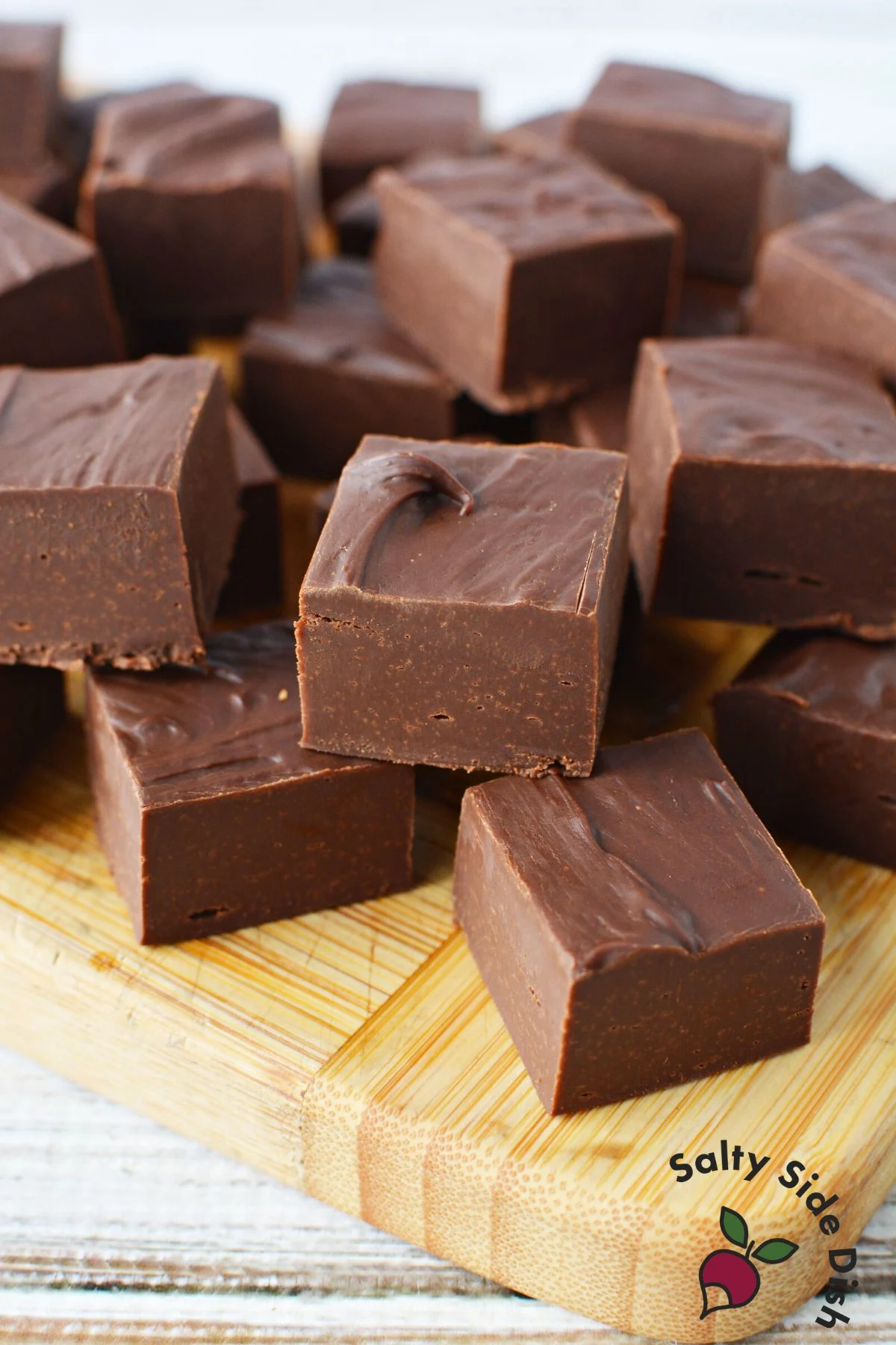 easy homemade fudge stacked in the kitchen.