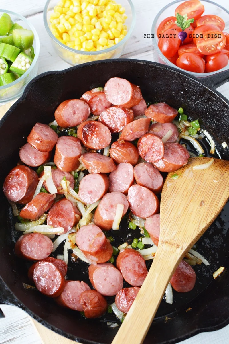 Smoked sausage in a cast iron pan