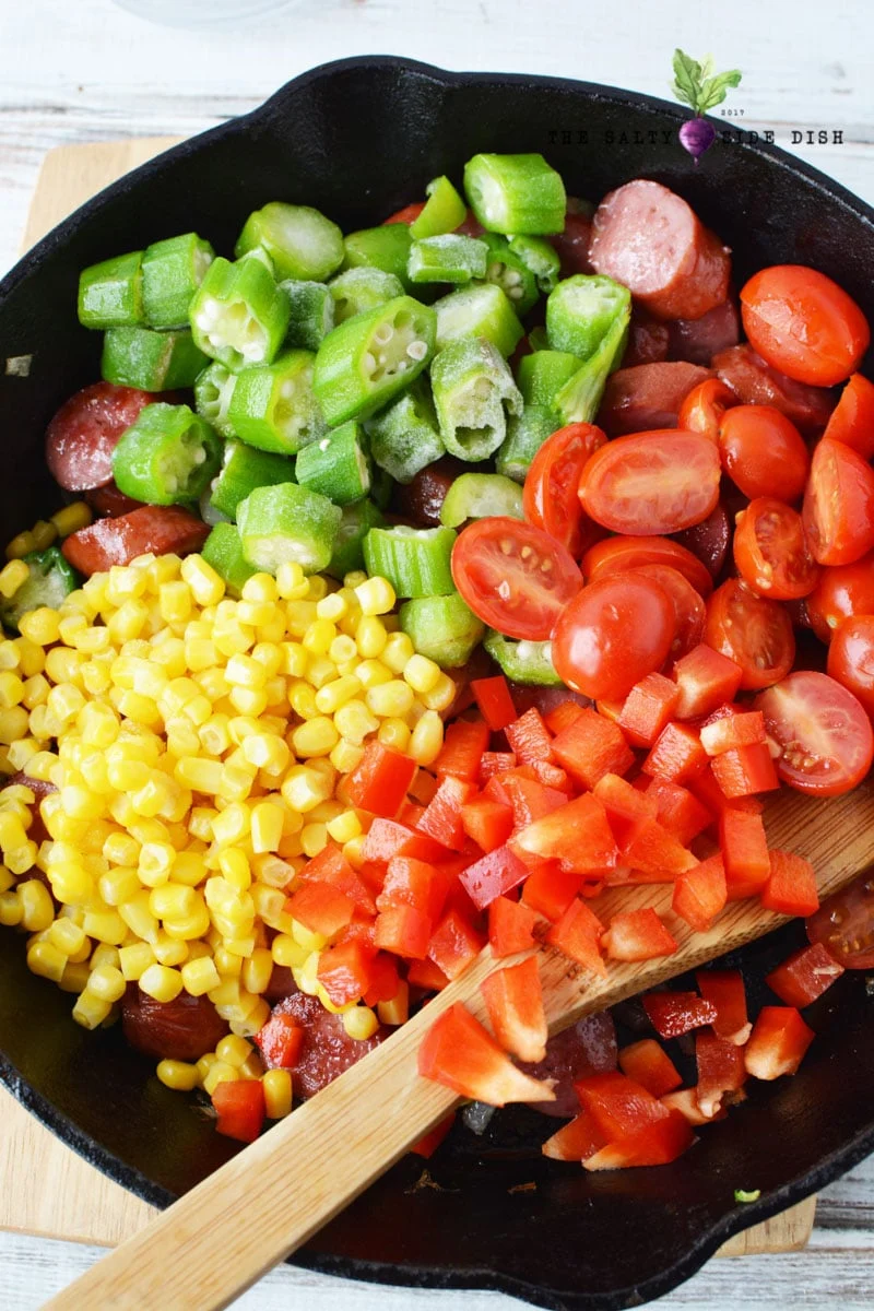 okra, corn, tomatoes