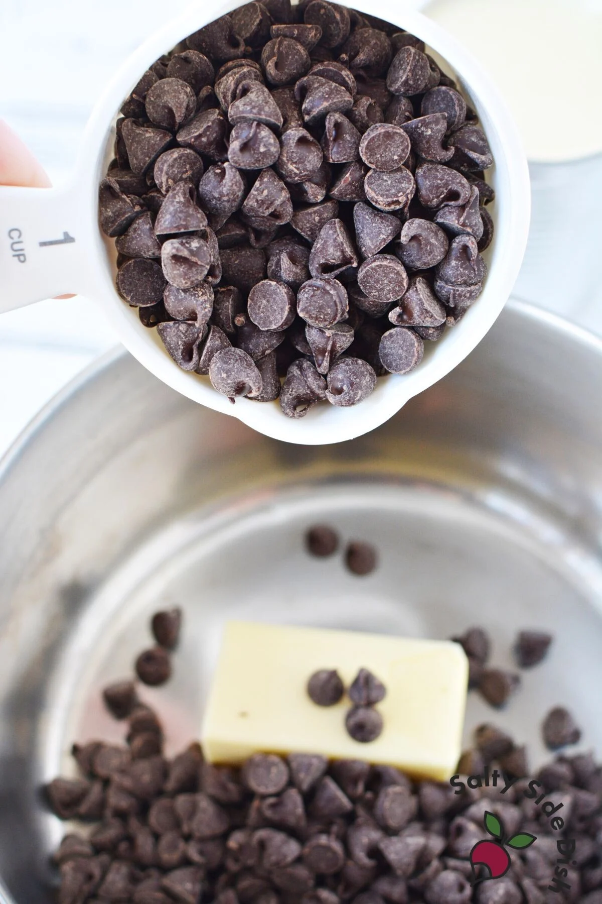 cup of semi-sweet chocolate chips in a cup.