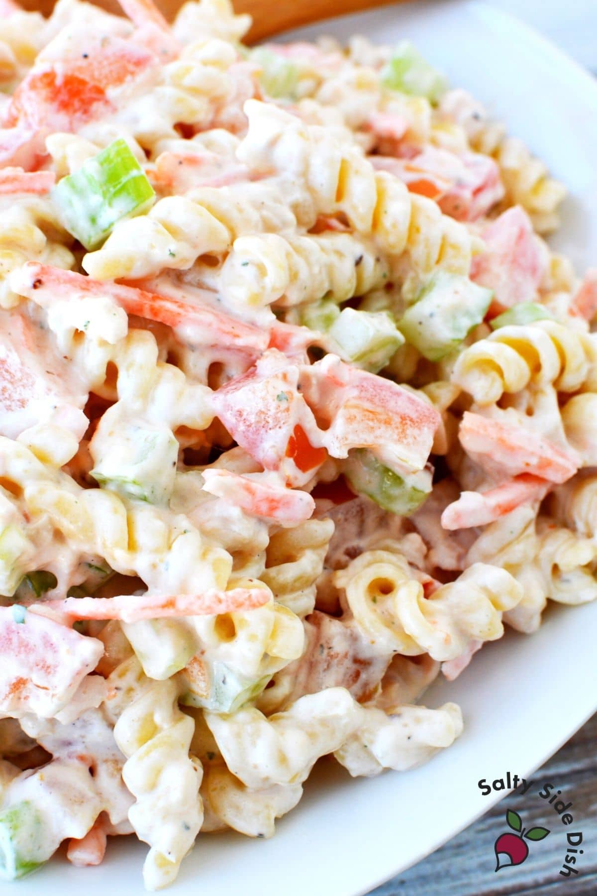 tuna pasta salad on a white plate