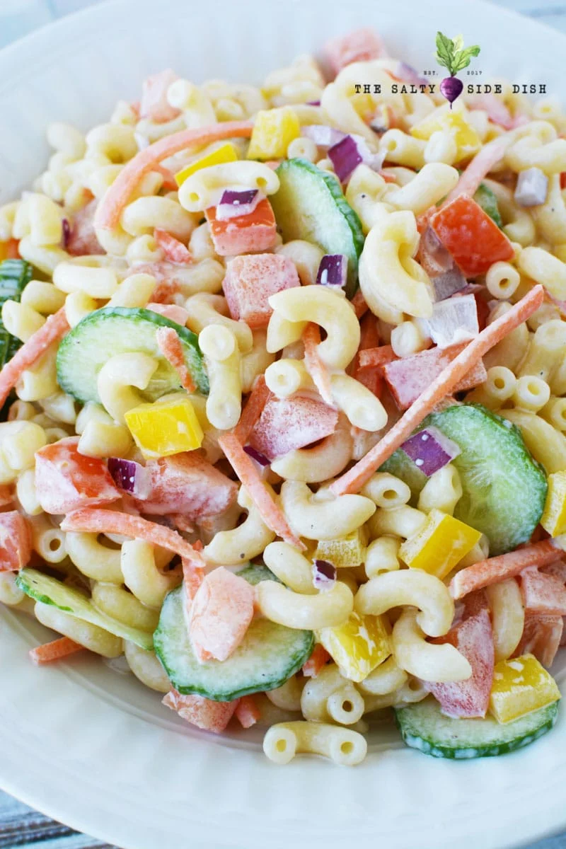 vegetable macaroni salad in a bowl.