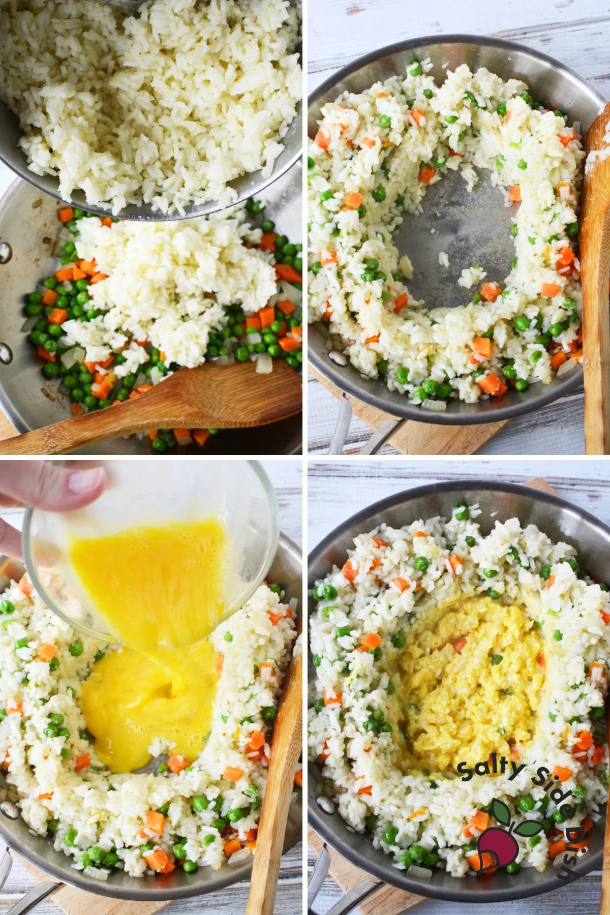 adding eggs to garlic fried rice and veggies.