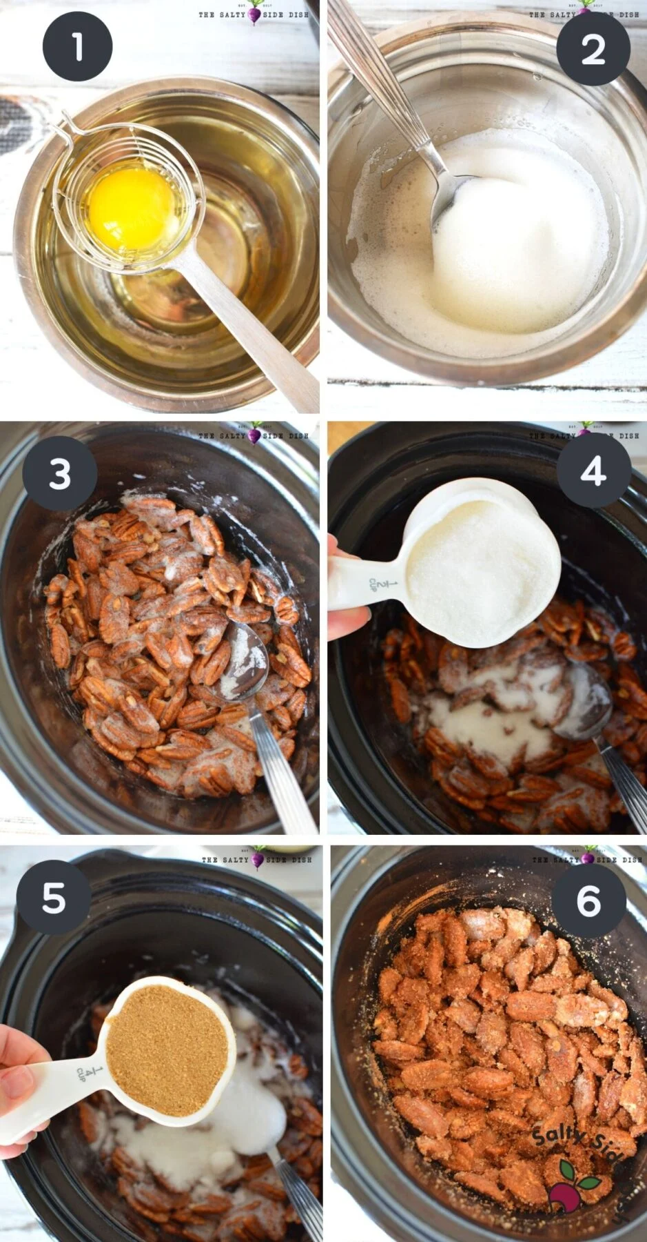 6 image collage of step by step how to make candied pecans in a slow cooker