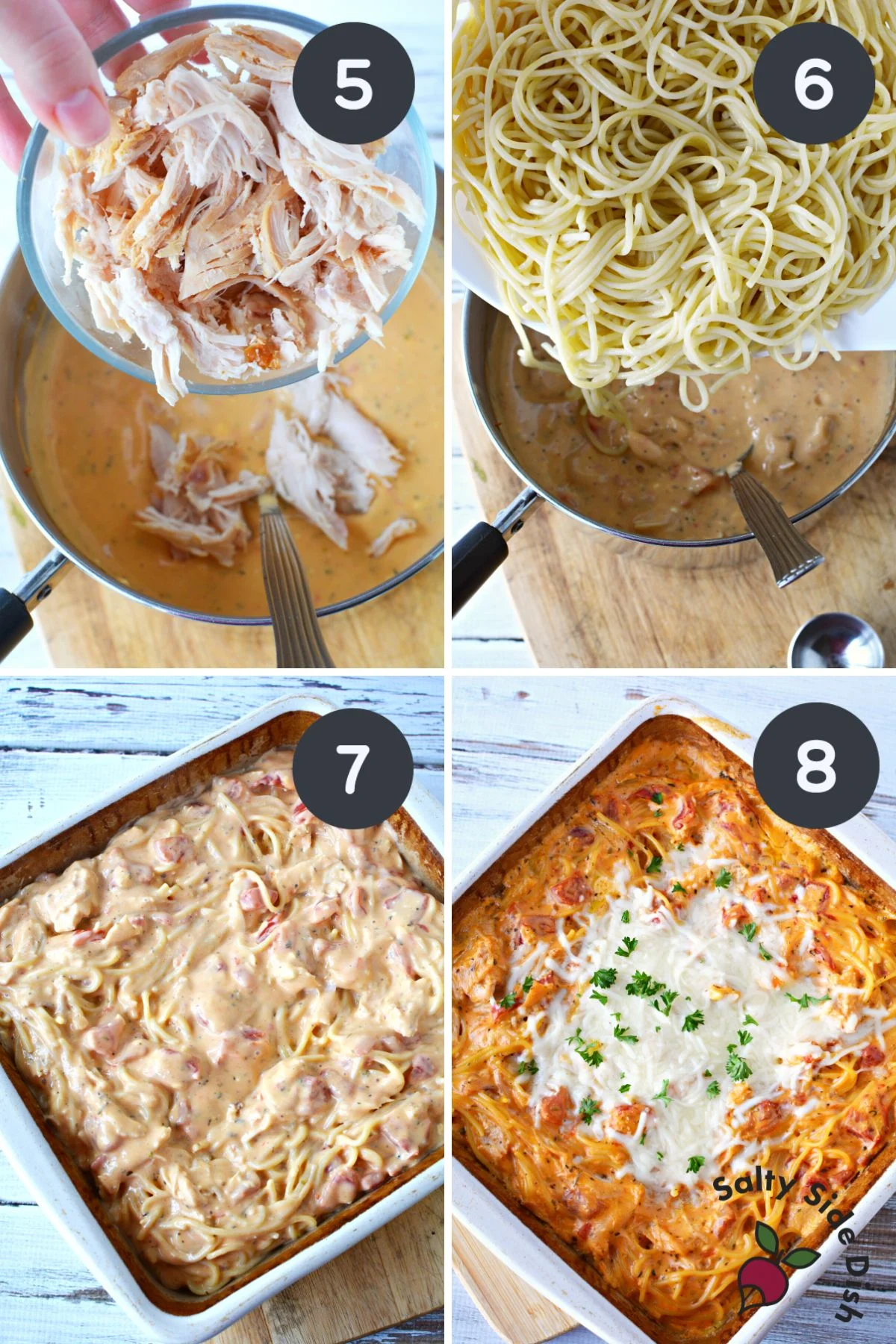 spaghetti being poured into cream sauce.