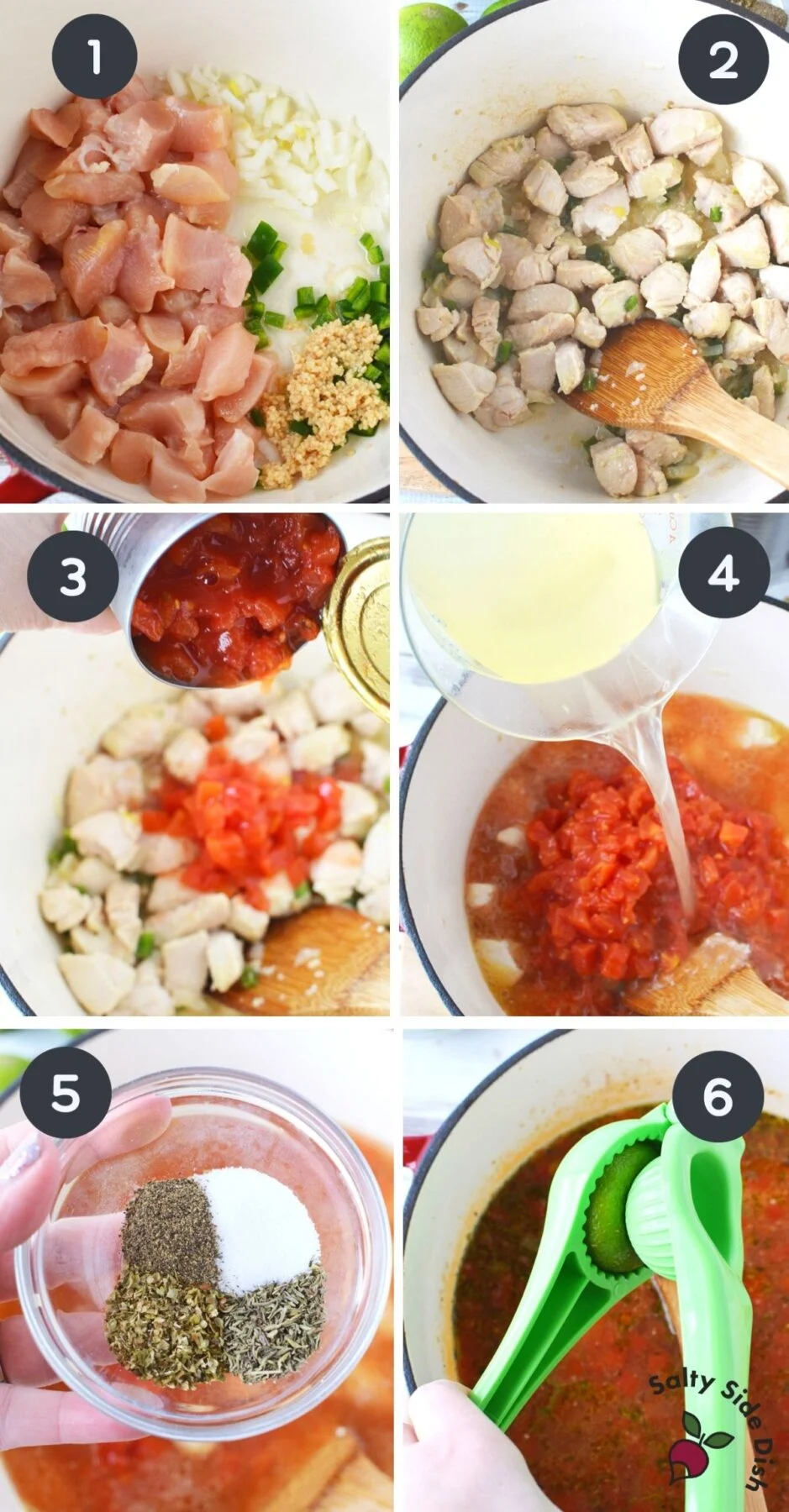 pouring seasonings, tomatoes and broth into chicken soup