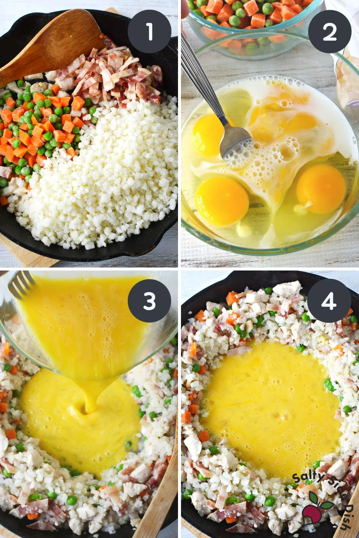 adding eggs to cauliflower and frozen vegetables.