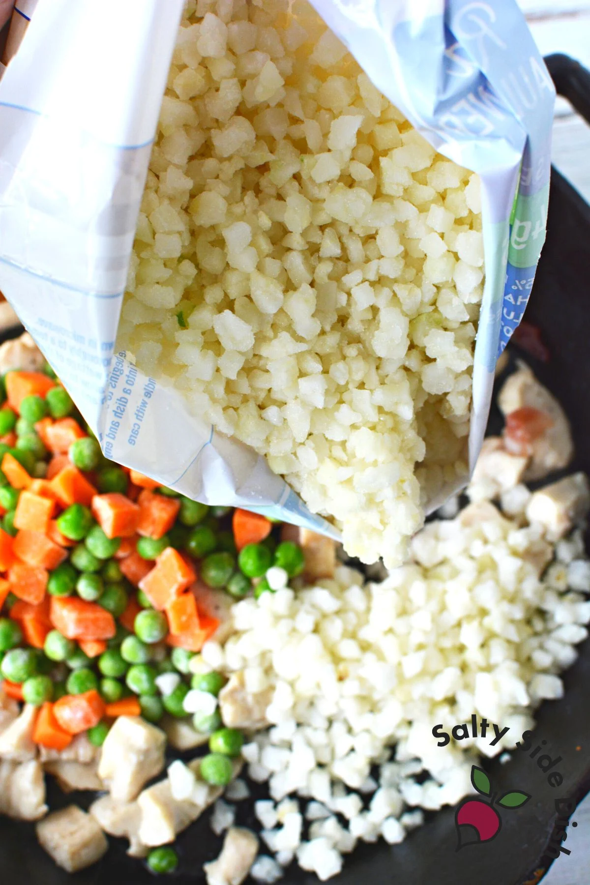 bag of frozen riced cauliflower pieces.