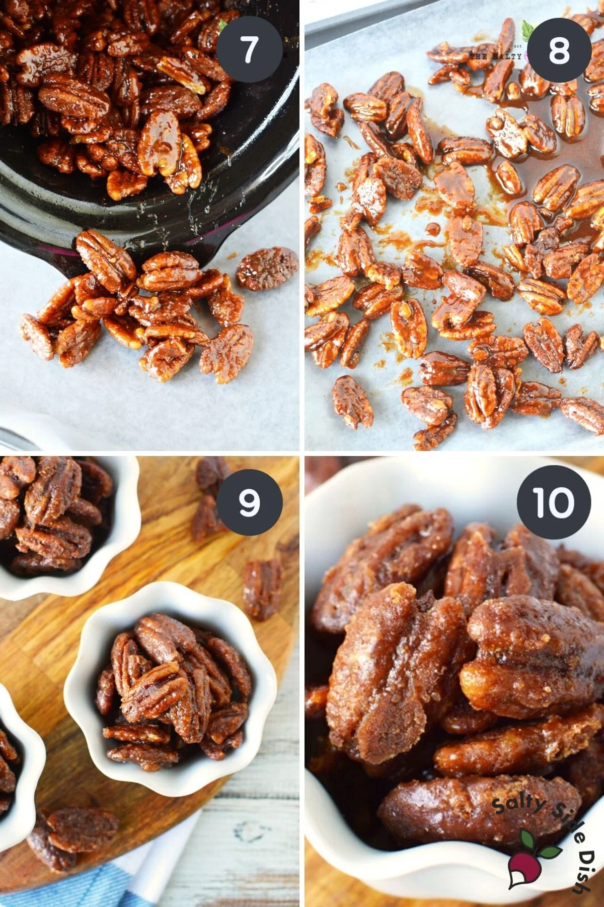 step by step of 4 images showing how to harden candied pecans